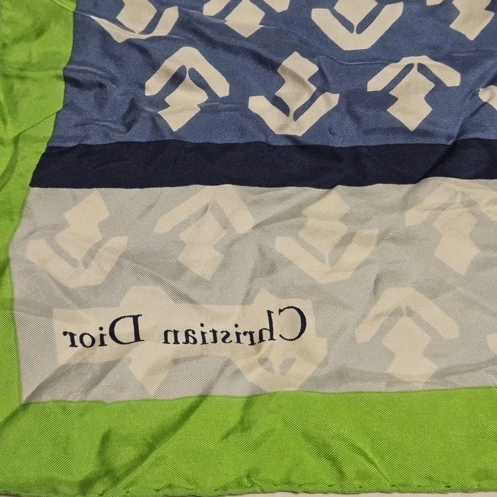 Christian Dior circa 1970 Silk Scarf Green Blue Geometric Abstract Square. EUC.